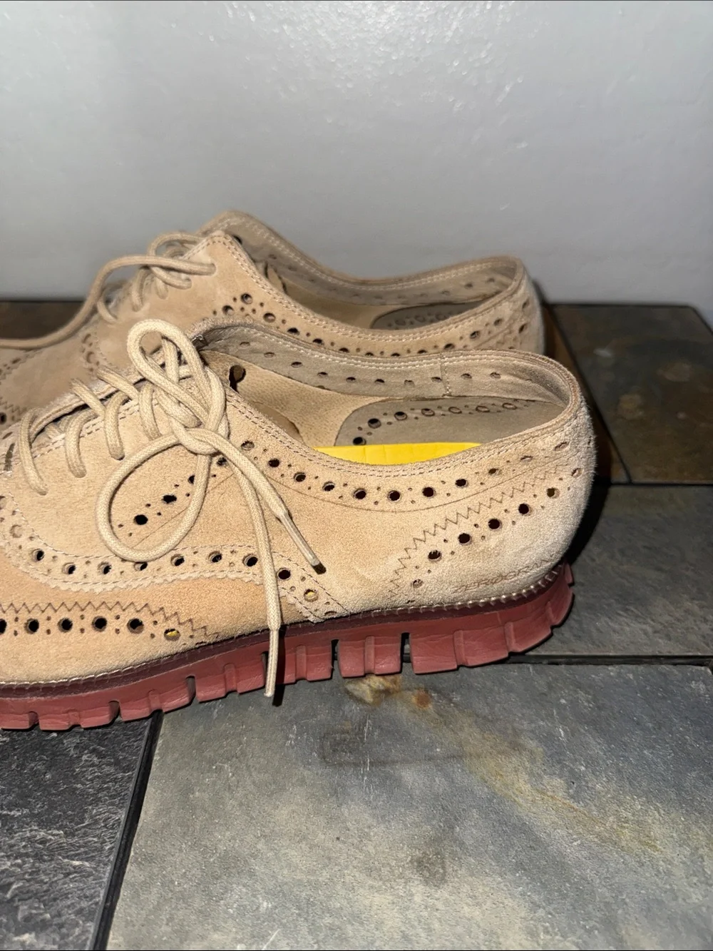 Cole Haan Beige Suede Wingtip Brogue Derby Shoes